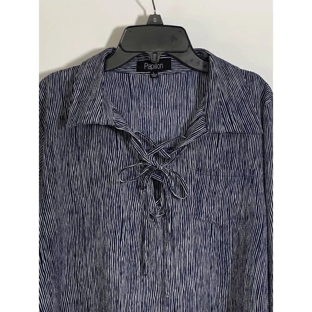 Papillon Women's Striped Lace-up Front Long Shirt Navy Size Large - Picture 5 of 11